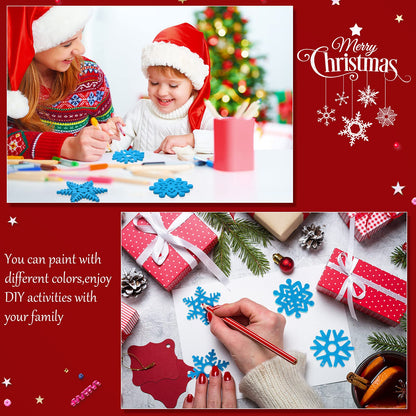 100 Pcs Christmas Unfinished Wooden Snowflake Ornaments Snowflake Hanging Cutouts Blank Wood Slices with Cord Craft Embellishments for Xmas Tree Decorations (Blue,2 Inches)