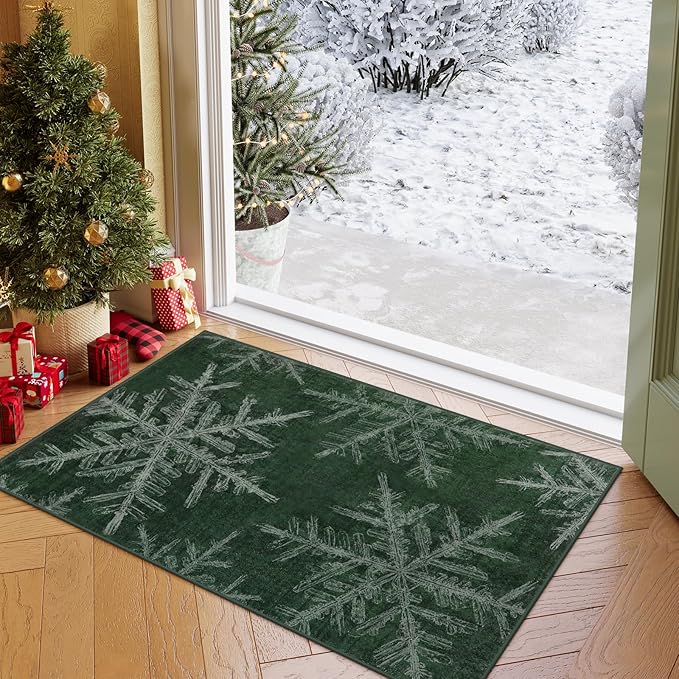 Lahome Snowflake Christmas Kitchen Rugs, 2x3 Washable Christmas Door Mat Indoor Non Slip Green Rugs for Entryway, Soft Small Rugs Holiday Decor Carpet for Entry Bathroom Bedroom(2x3ft,Green)