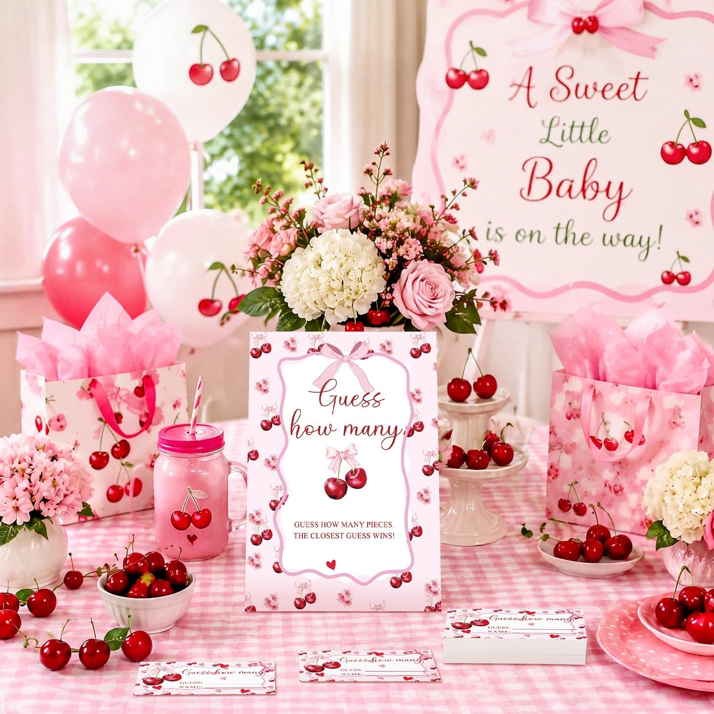 Lerheedi Cherry Bow Guess How Many Baby Shower Game Pack of 1 Tabletop Sign with Stand and 50 How Many Cards, Coquette Cherry Gender Reveal Party Game Decorations