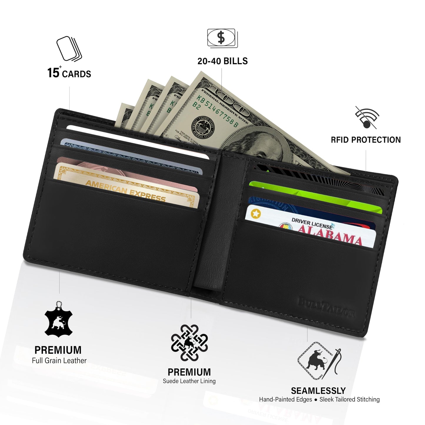 BULLTAILOR Full-Grain Leather Wallet for Men, Minimalist Slim Mens Bifold RFID Blocking Wallet with Cash Pocket, 8 Card Slots (Black Onyx)