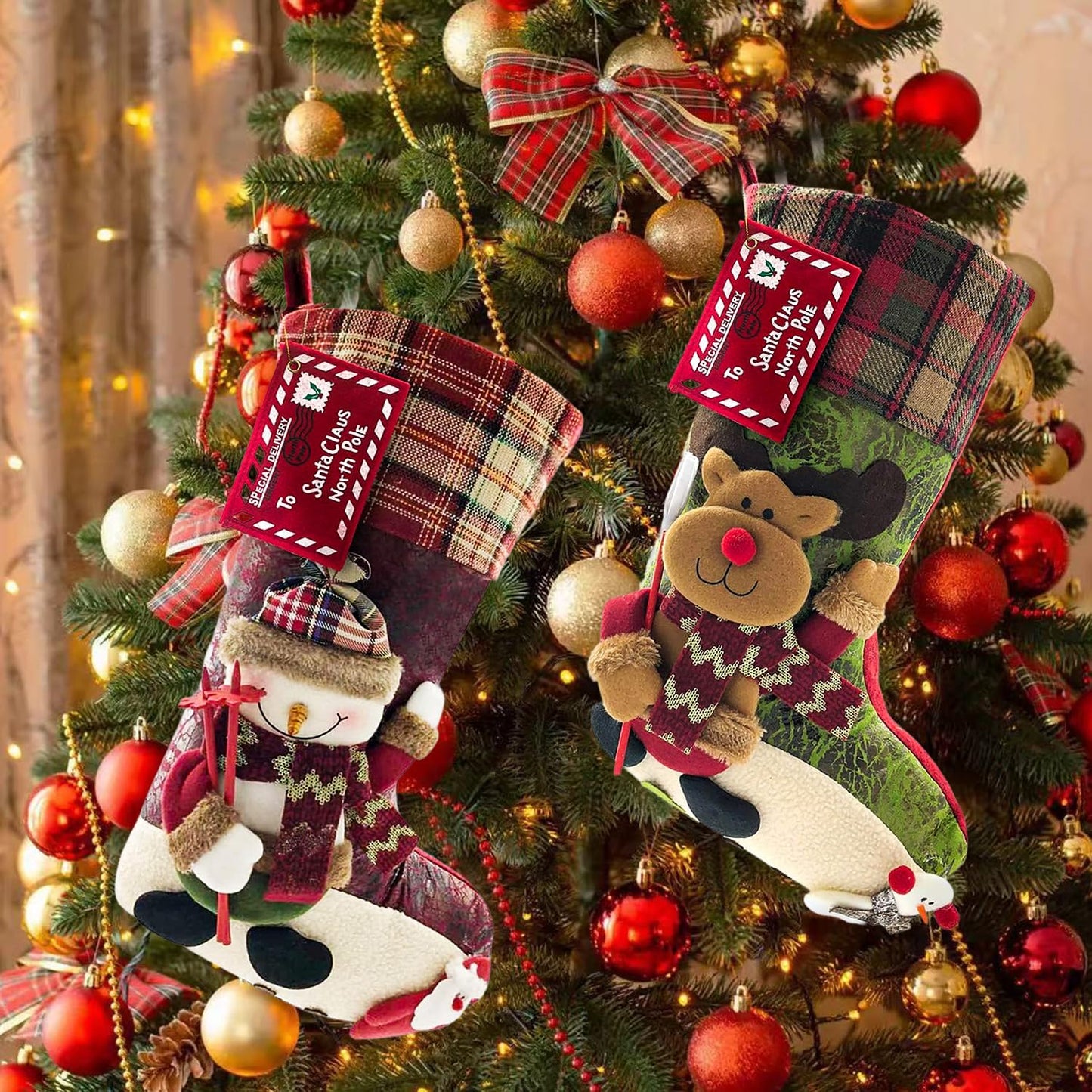 ETERAMUS 21 inch Plaid Christmas Stockings Deer, Bear, Animal One Piece, Felt Large Plush 3D Reindeer Snowman Design Hanging Stocking for Girls Boys Xmas Tree Mantel Party Decor (Green)