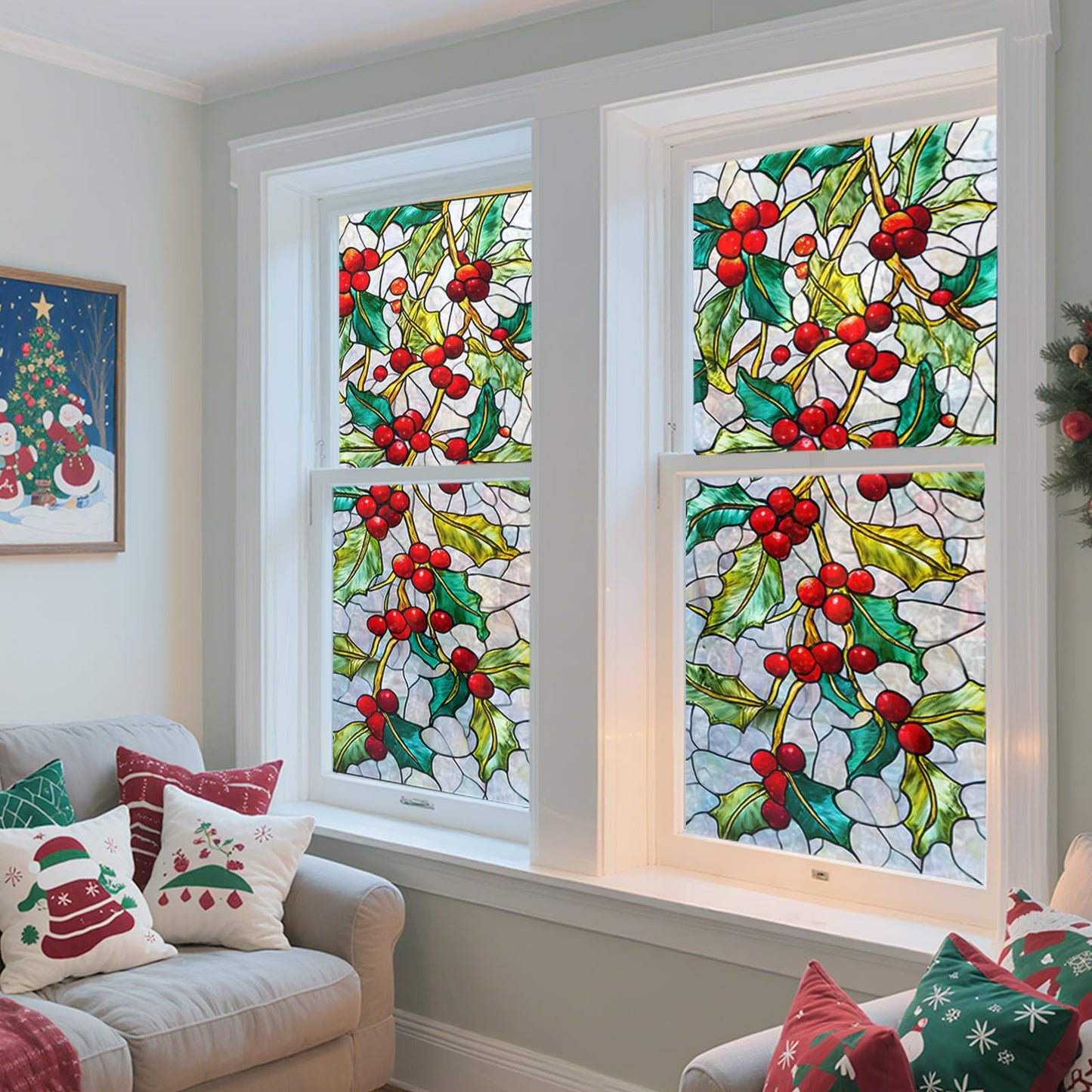 Nuxovilar Stained Glass Christmas Window Films, 17.5×39.7inch, Holiday Static Decorations for Seasonal Ambiance in Living Room, Office or Storefront - Red Mosaic Christmas Tree with Gold Star -Sparkle
