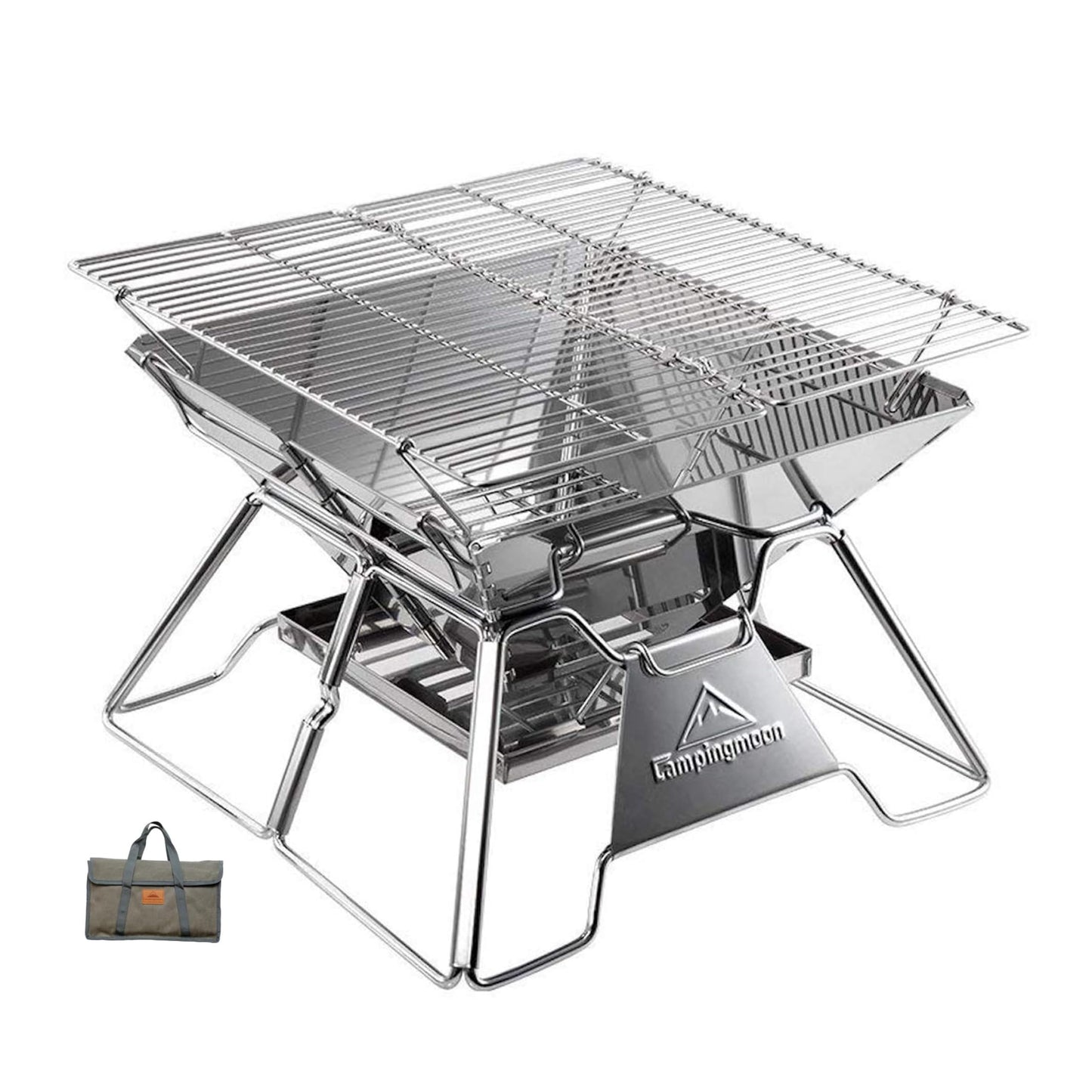 CAMPINGMOON Stainless Steel Foldable Camping Grills Portable Wood Burning Charcoal Grill 14-inch with Carrying Bag MT-2