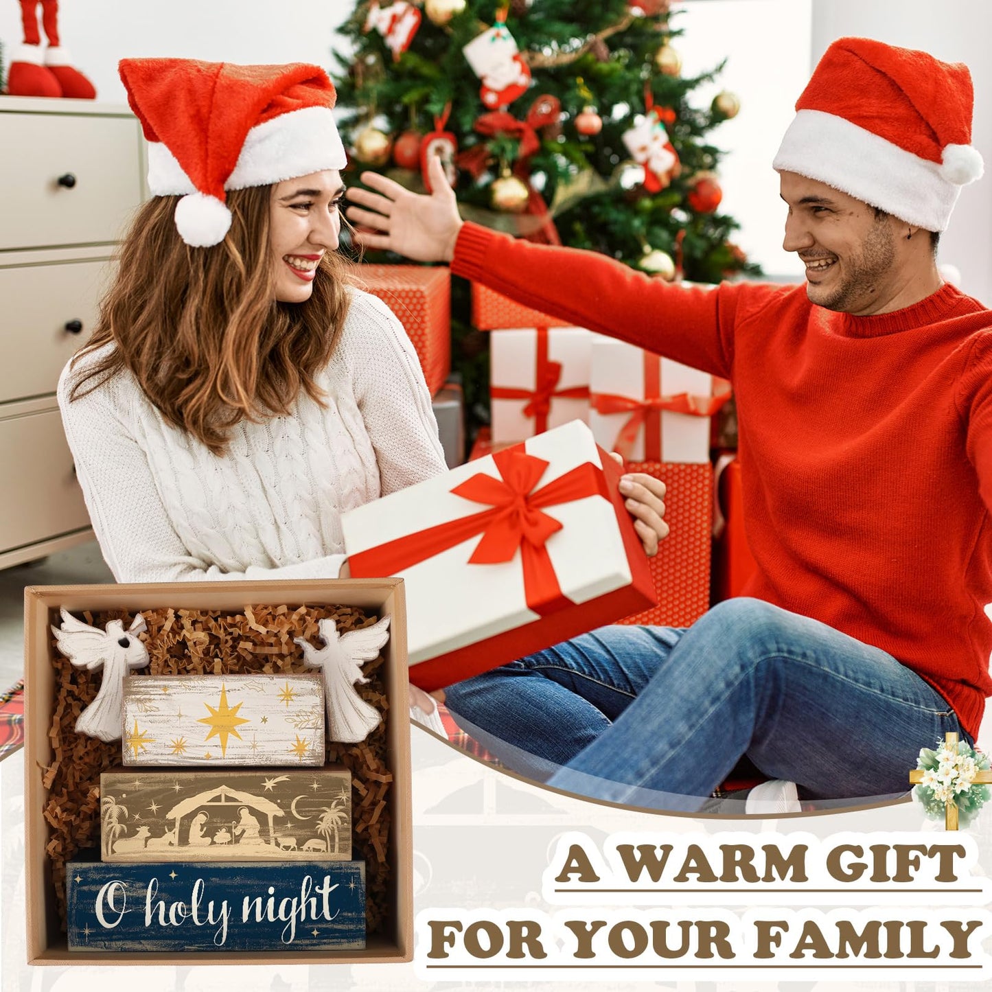 Moucuny 4 Pcs Christmas Angel Table Decor Christmas Wooden Decorative Signage Nativity Scene Tiered Tray Decor Xmas Centerpieces Farmhouse Wooden Block Set Xmas Table Sign for Home