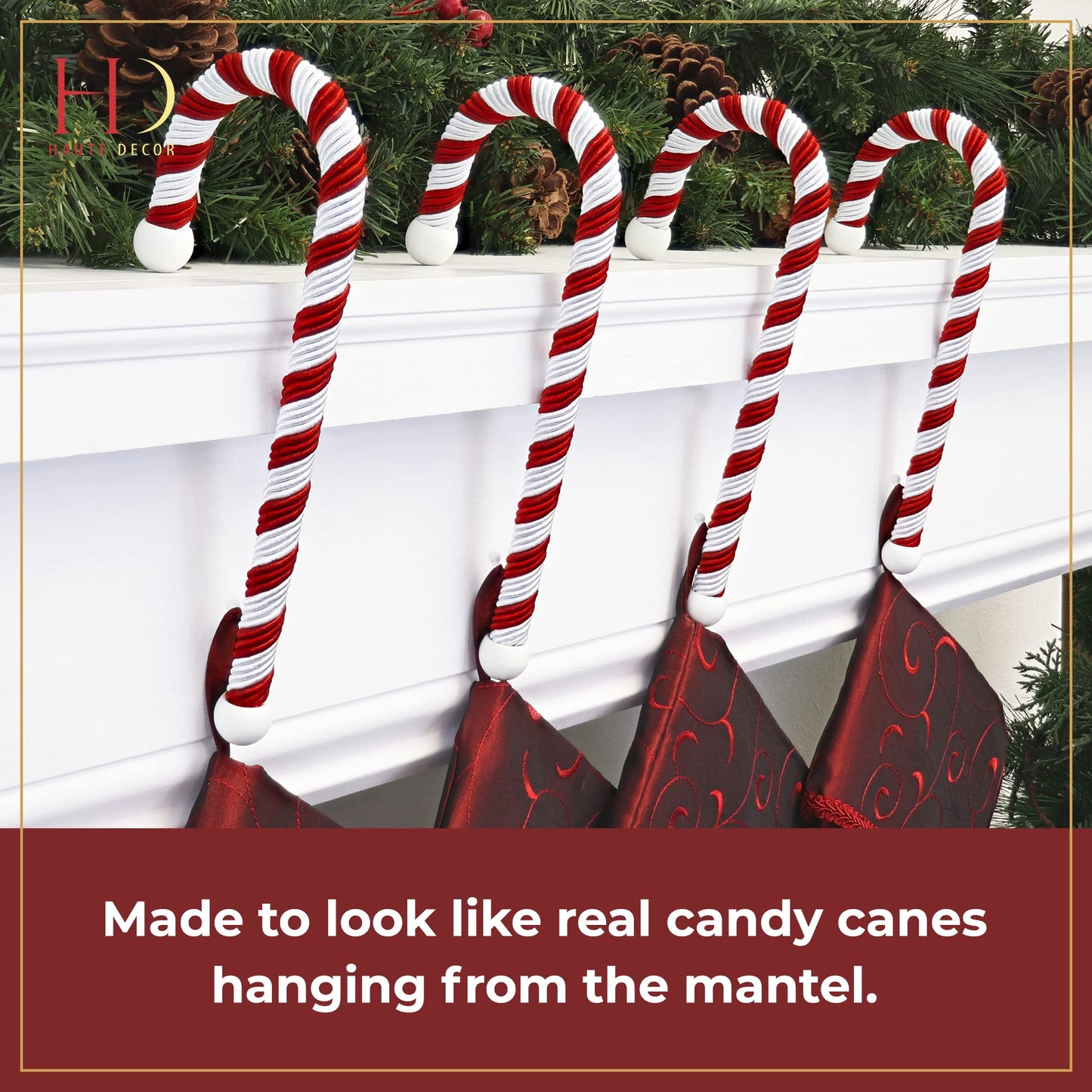 Haute Decor Candy Cane Stocking Holder (Large Classic) - Lightweight Christmas Stocking Hanger for Various Mantel Styles (4-Pack)