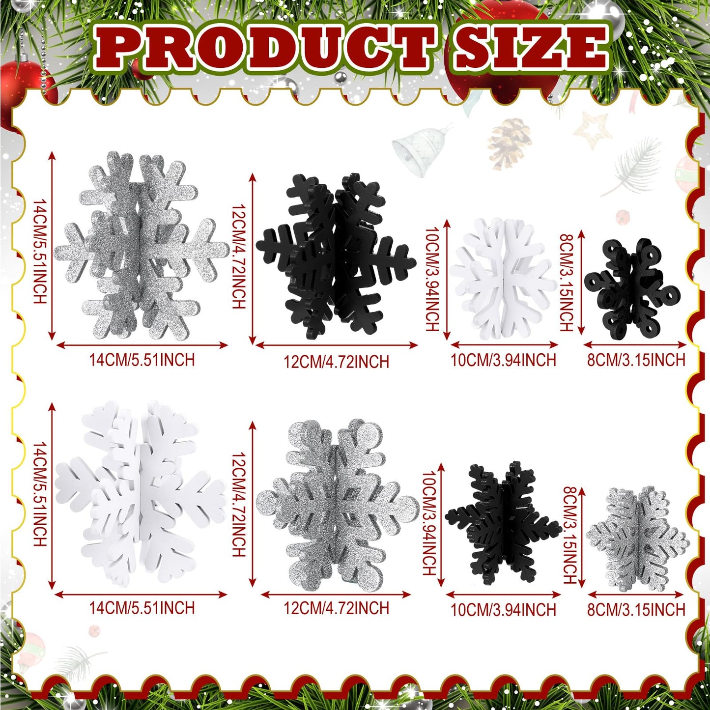 Wenqik 16 Pcs Winter Wooden Snowflake Decor Christmas Winter Snowflake Tabletop Decorations 3D Snow Table Signs Standing Centerpiece Xmas Tiered Tray Decorations for Party(White, Black, Silver)