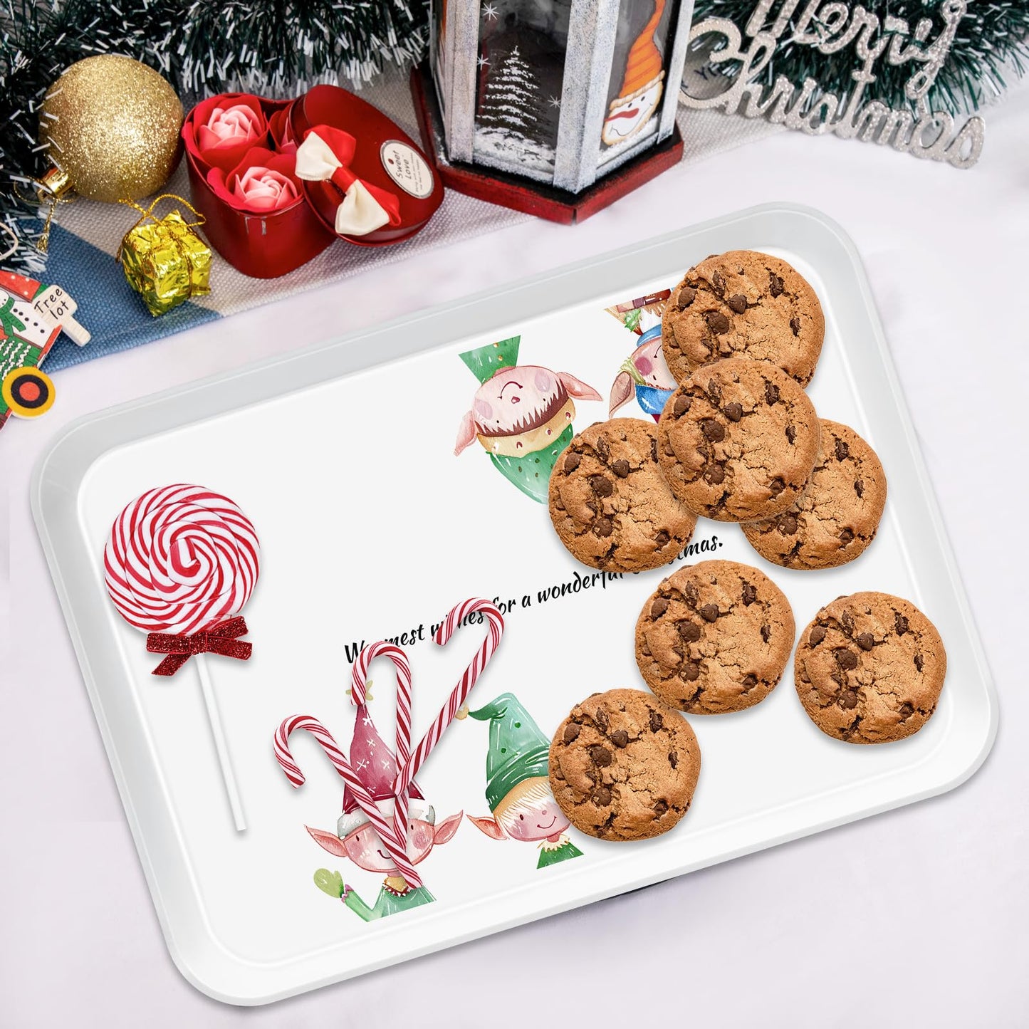 VIYNRAN 4-Piece 15 x 11 Inch Christmas Serving Tray Set, Reusable Melamine Platters with Cute Elf Cartoons, Holiday Party Trays for Snacks, Fruit, Desserts, and Candy, Rectangular Design
