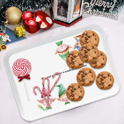 VIYNRAN 4-Piece 15 x 11 Inch Christmas Serving Tray Set, Reusable Melamine Platters with Cute Elf Cartoons, Holiday Party Trays for Snacks, Fruit, Desserts, and Candy, Rectangular Design