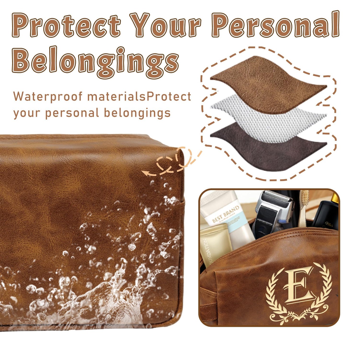 Engraved Letter Toiletry Bag Leather Waterproof Travel Kit, Personalized Gifts for Dad Husband Boyfriend - DarkBrown(E)