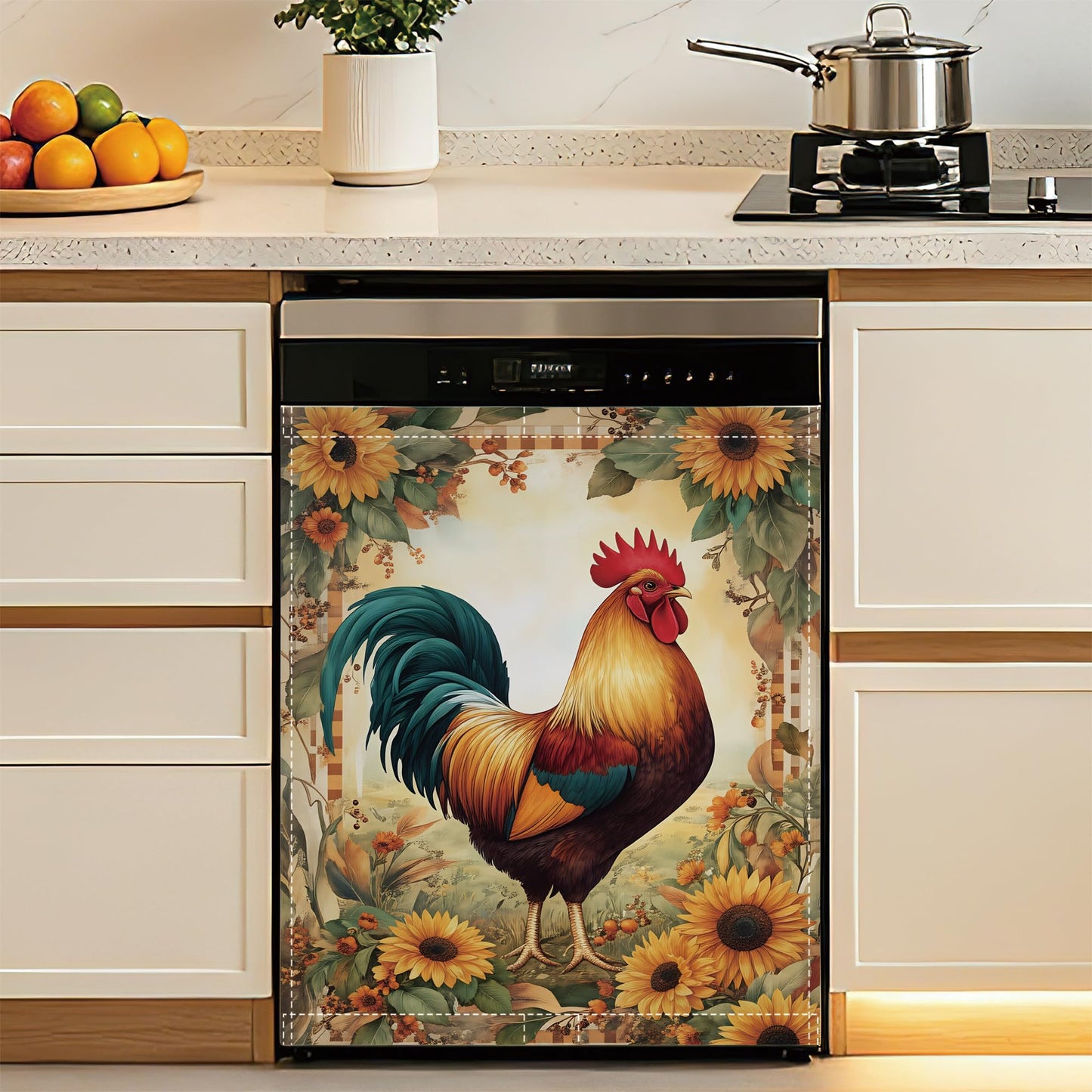 Rooster Sunflower Dishwasher Cover Panel Magnetic,Farmhouse Floral Dishwasher Magnet Decorative Cover for Refrigerator Kitchen Home Decor Reusable Waterproof 23x26 Inch