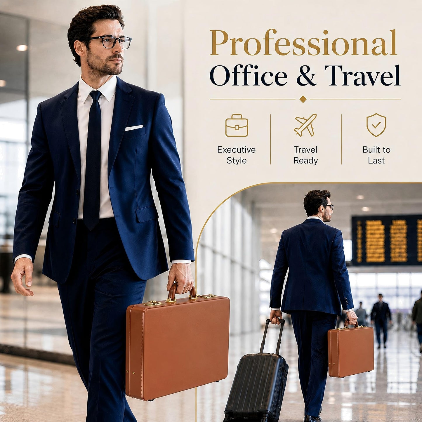 HAESTUS Briefcases for Men, Professional Leather Briefcase with Lock, Hard Shell Business Brief Case, Attache Case for 15.6" Laptop, Men's Hard Briefcase for Work Office Travel, Brown | Dual Lock