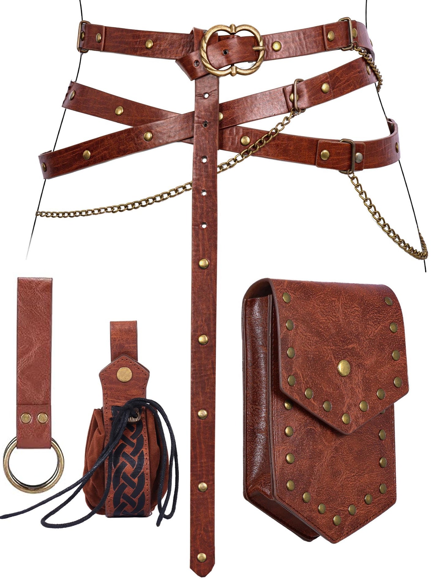Minhuida Medieval Belt with Renaissance Bag & Detachable Chains, Vintage Faux Leather Waist Pouch Dresses Belt Halloween Cosplay Costume Accessorie