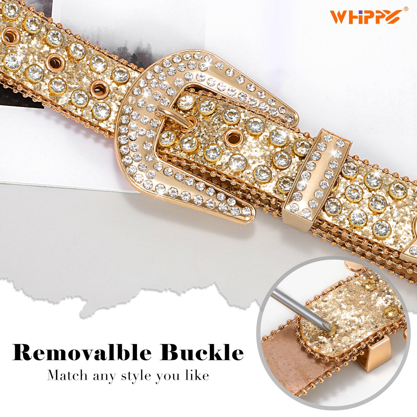 WHIPPY Women Western Rhinestones Belts Men Studded Belt for Jeans Bling Cowgirl Cowboy Waist Belt with Removable Buckle, Gold Sequin, M