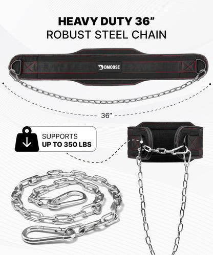 DMoose Fitness Dip Belt For Weightlifting - Weighted Pull Up and Squat Belt with Chain for Intense Workouts - Heavy Duty Stainless Steel Chain & Coated D-Ring - Weight Dipping Belt for Dips - Black