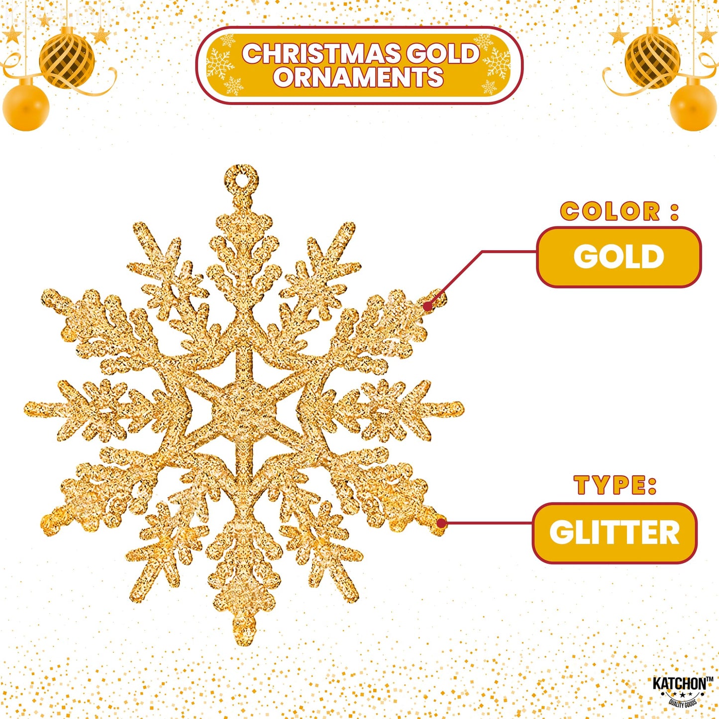 KatchOn, Gold Snowflake Ornaments for Christmas Tree - Large, Pack of 36 | Glitter Snowflake Ornaments | Gold Christmas Tree Decorations | Snowflake Christmas Ornaments, Christmas Hanging Decorations