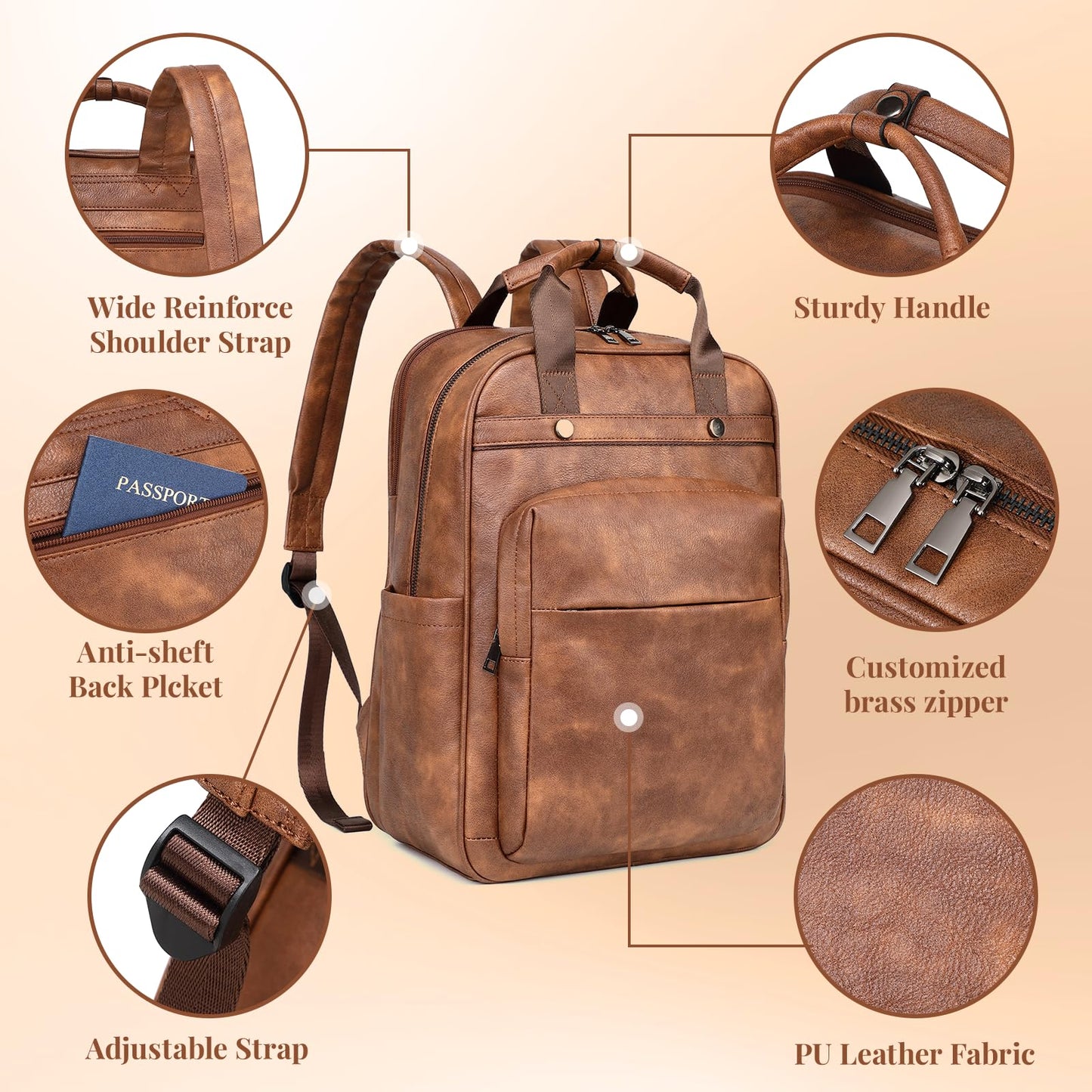 Rcrirth PU Leather Laptop Backpack Women for Travel | 17 Inch Laptop Bag for Women - Large Capacity Teacher Nurse Computer Bag for Work College School (Brown)