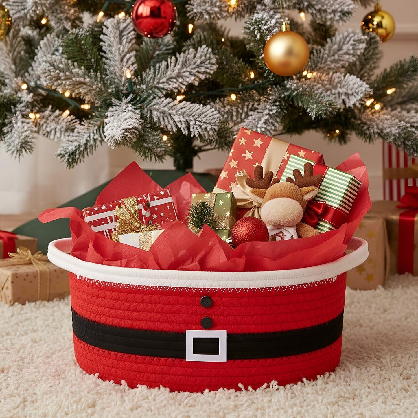 Zopeal Christmas Woven Basket with Gift Bag, Ribbon and Red Tissue Paper Santa Woven Bin Empty Shelf Basket Holiday Decorative for Xmas Gifts, 12 x 8 x 5 inch