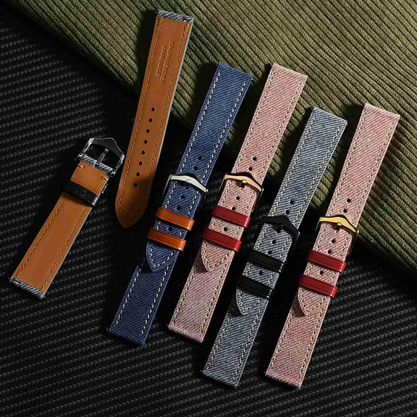 WOCCI 18mm Watch Band, Italian Leather, Denim Pattern, Black Buckle (Ash Blue)