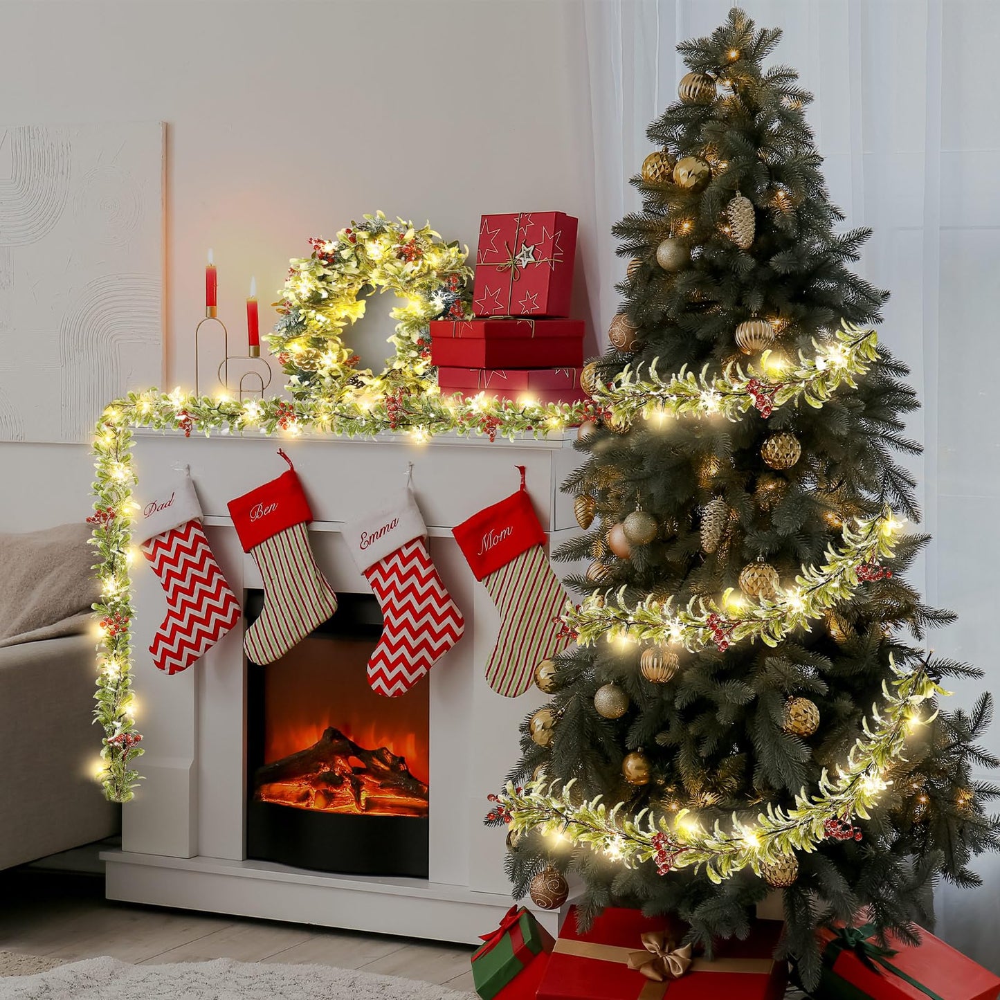 Ganeen 6 ft Christmas Light up Garland Prelit Snowy Olive Garland with 20 LED Battery Operated Lighted Olive Branch with Snowflake Berries Timer Remote for Xmas Winter Decor(Red Berries,Flocked)