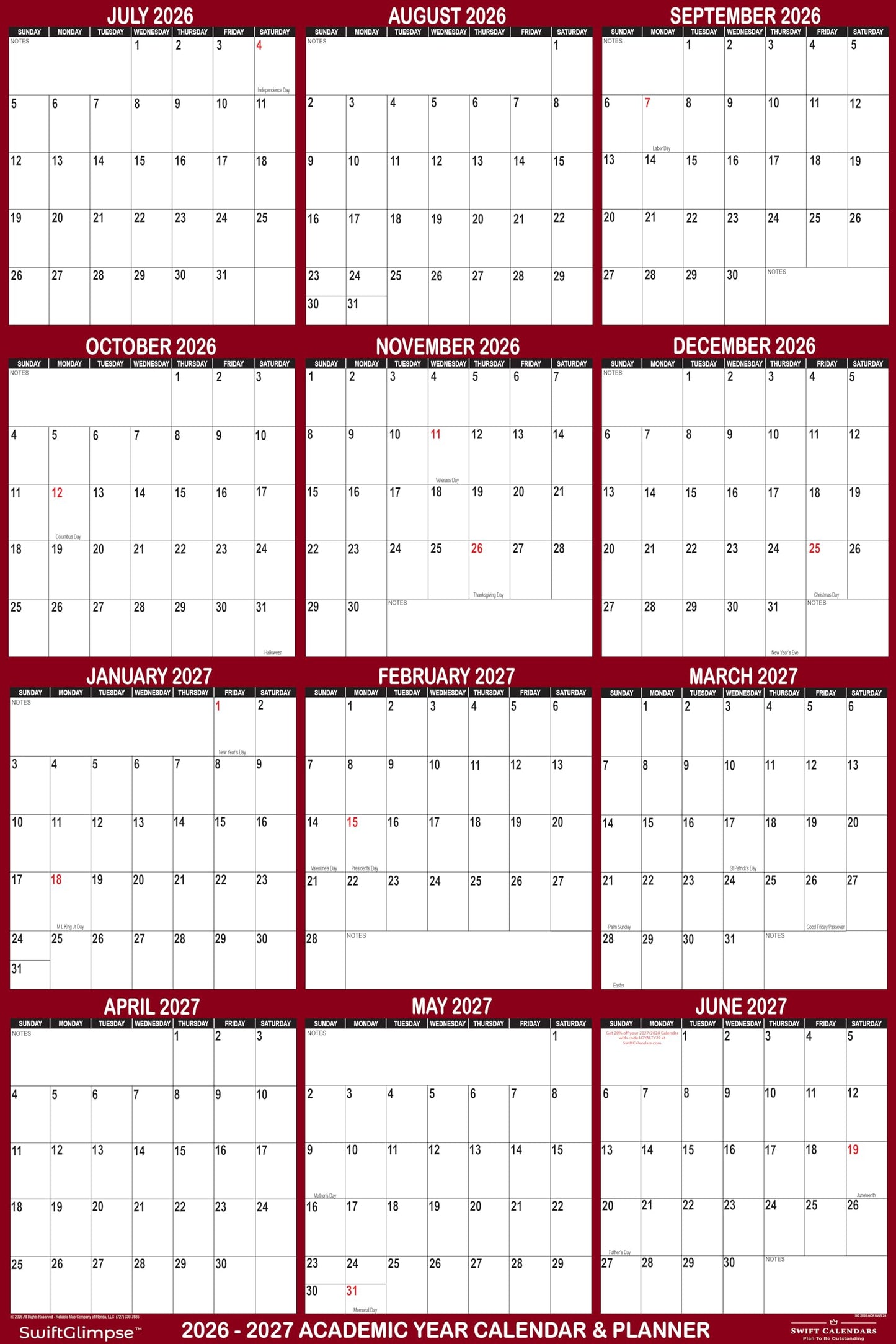 24" x 36" SwiftGlimpse 2026-2027 Academic Wall Calendar, Erasable, Large, Wet & Dry Erase Laminated, Reversible, Yearly Planner, JULY 2026 to JUNE 2027 ONLY, Maroon