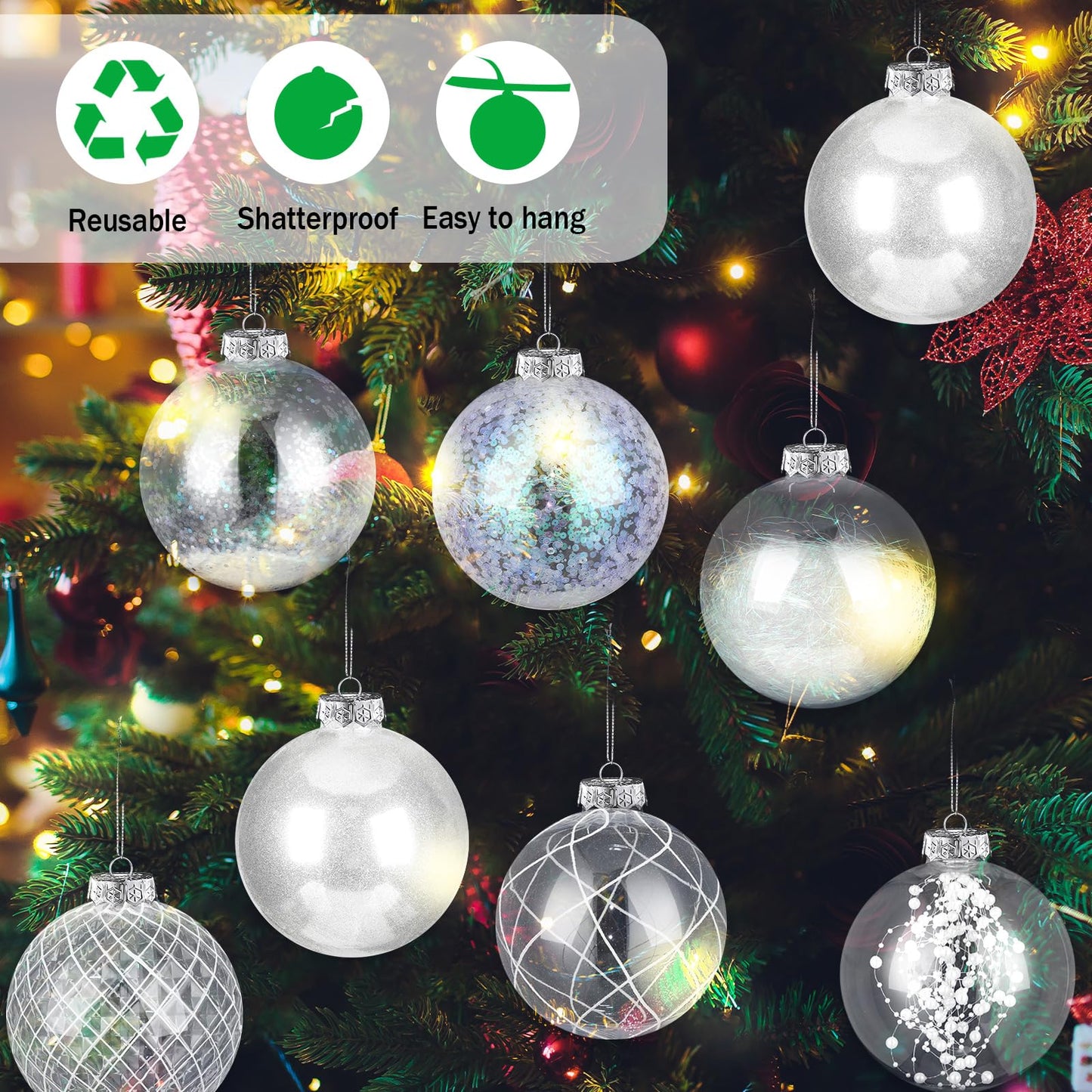 Wettarn Set of 8 Transparent Large Christmas Ball Ornaments 6 Inch Glitter Hanging Plastic Balls Christmas Tree Decorations for Lawn Yard Garden Party with Exquisite Filling Decoration(Silver White)