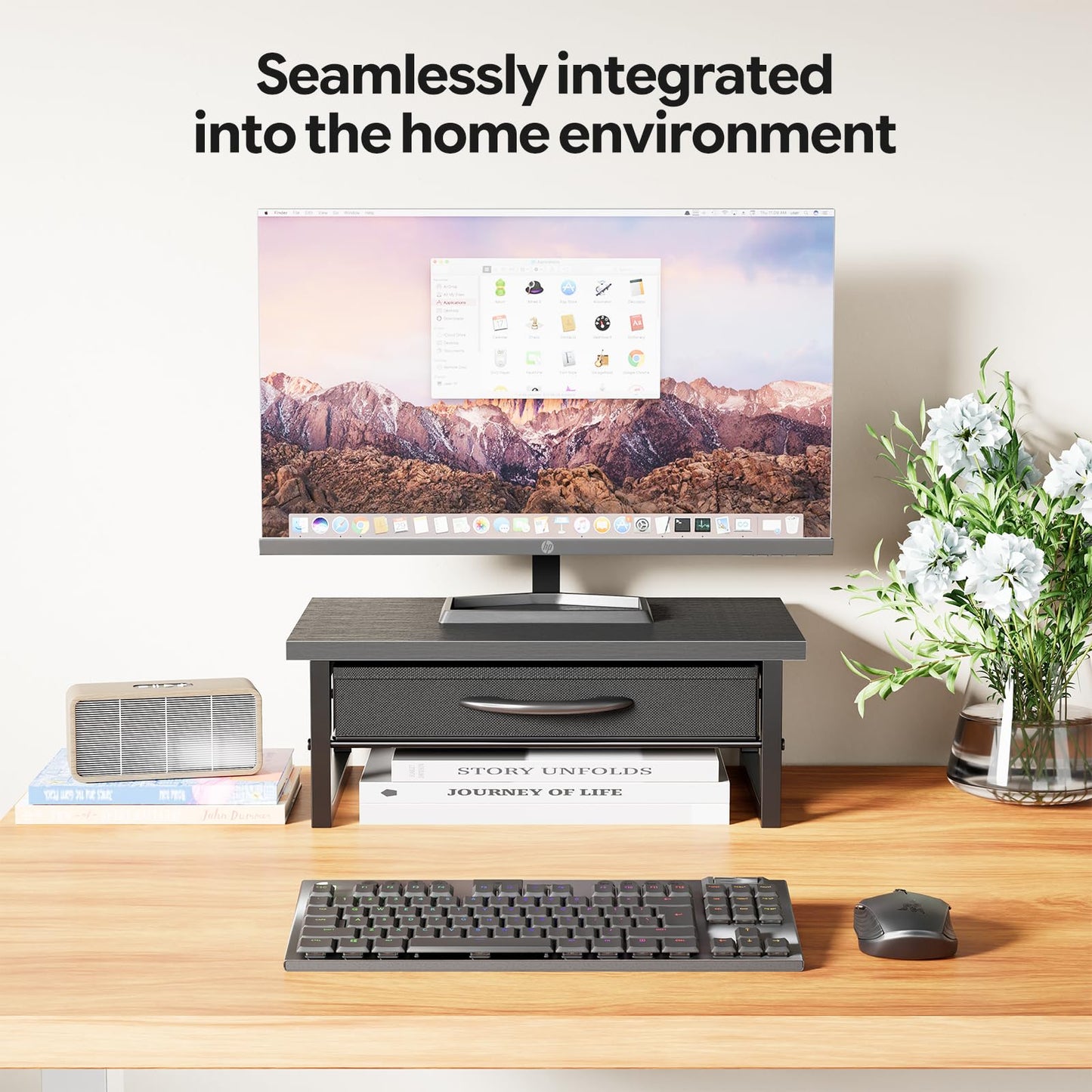 Ekisemio Computer Monitor Stand Riser, Desk Organizers and Accessories with Farbic Drawer, 2-Tier Wood and Metal Laptop Stand for Desk, Office Organizer Storage, Black
