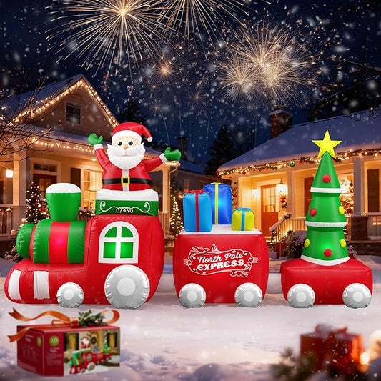 10 FT Deluxe Christmas Inflatables Train with Santa Claus, Gift Box, Christmas Tress, Built-in LED Lights, Blow Up Lovely Train Carriage for Christmas Party Holiday, Outdoor Garden Lawn Yard Decor