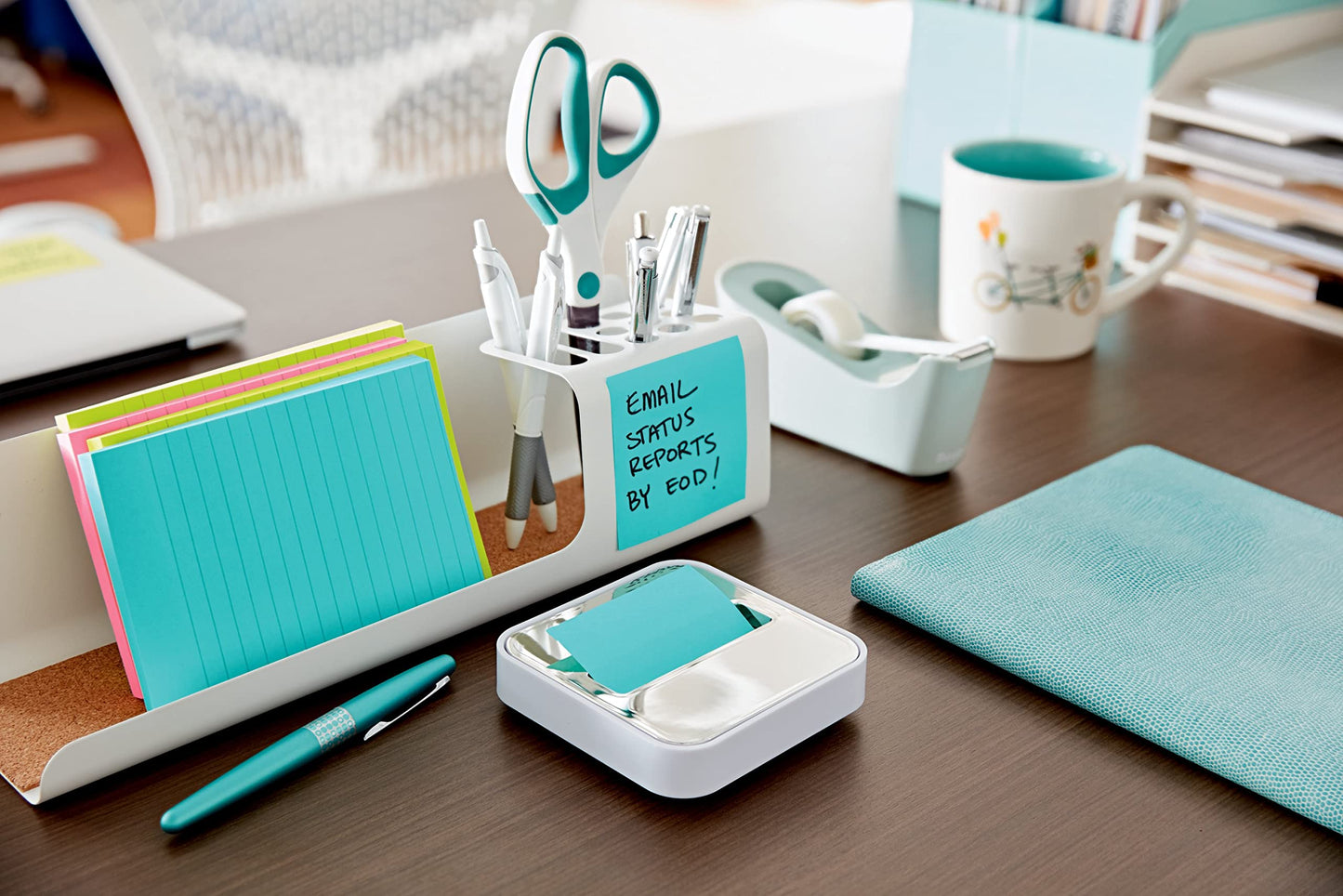 Post-it Note Dispenser, Sticky Note Holder, White Base with Steel Top, Includes 1 pad of 45 Sheets of 3 in x 3 in Aqua Splash Pop-Up Notes, Classroom or Office Supplies