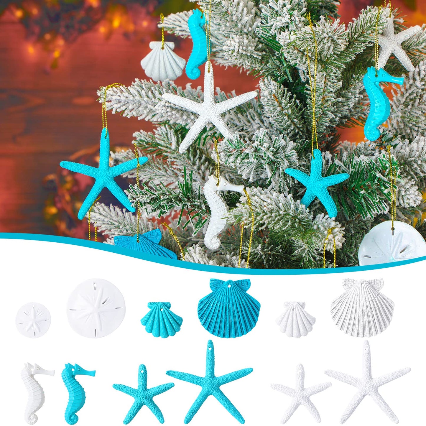 Jetec 26 Pcs Beach Ocean Themed Summer Ornaments Bulk Resin Starfish Seashell Decorative Nautical Coastal Summer Ornaments for Tree Home Bathroom Decorations