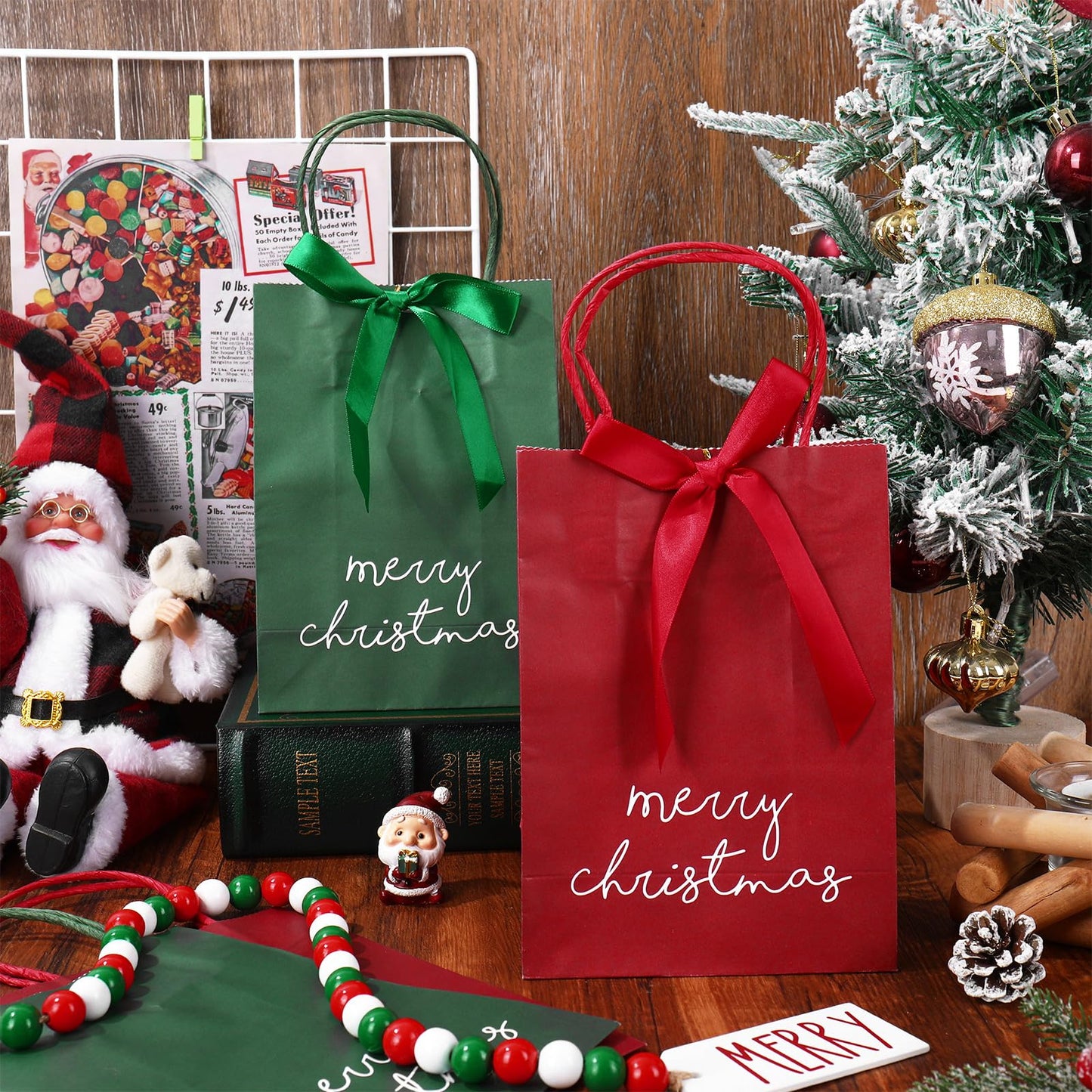 JarThenaAMCS 48Pcs Merry Christmas Kraft Paper Gift Bag with Bow Red Green Treat Bags with Handles Candy Goodie Bags for Winter Xmas Holiday Birthday Wedding Party Favors Supplies