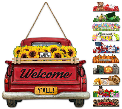 Interchangeable Welcome Sign for Front Door Red Farmhouse Truck Decor Hanging Sign with 11 Interchangeable Seasonal and Holiday Decor Signs 12x14 in. (Country Rustic)