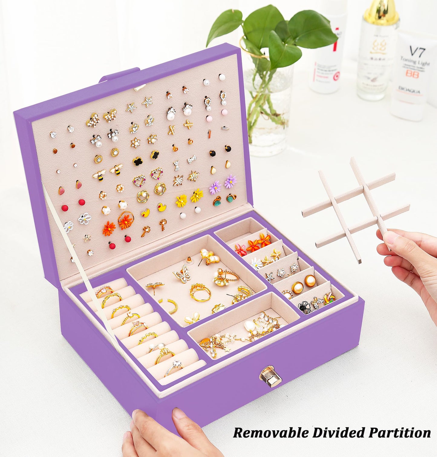 Earrings Jewelry Box for Girls, Large Capacity Jewelry Organizer with 40-Pair Earring Board, 2-Layer Leather Jewelry Storage Box for Necklaces Rings Bracelets with Removable Tray(Gift Idea),Purple