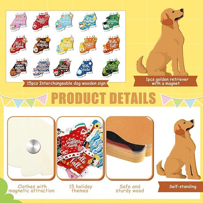 Barydat 16 Pcs Seasonal Dachshund Dog Welcome Sign Lovely Interchangeable Front Door Decoration, Wooden Rustic Holiday Door Wall Decor for Independence Day Summer Fourth of July Decoration(Cute Dog)