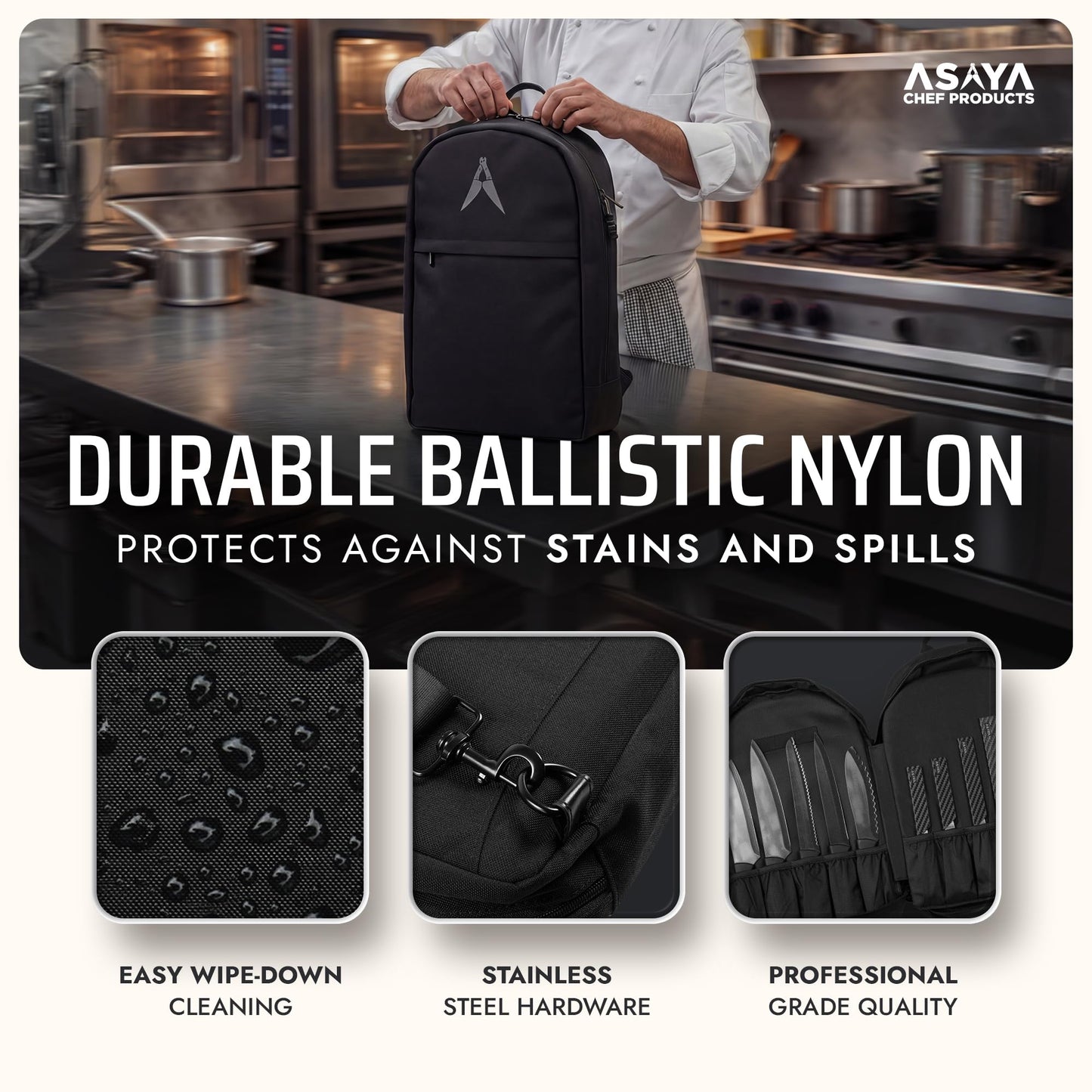 Asaya Chef Knife Sling Bag - 29 Pockets for Knives and Kitchen Utensils - Business Card Holder and Lock - Water Resistant and Durable Ballistic Nylon Backpack for Chefs