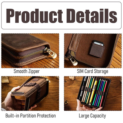 Acidea Genuine Leather Pencil Case Organizer, Coffee Style Leather Storage Pen Pouch for Pencils, Markers, Pens and Art Supplies, 10 Wooden Pencils Portable Pen Case Storage for Man Woman Office