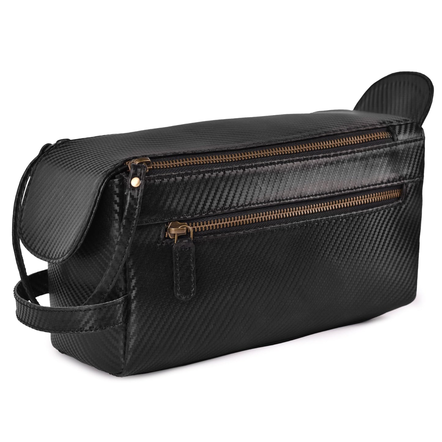 LEATHER VILLAGE Genuine Carbon Fiber Genuine Leather Travel Toiletry Bag - Large Dopp Kit, Water-Resistance Bathroom & Shaving Organizer for Men & Women - Black