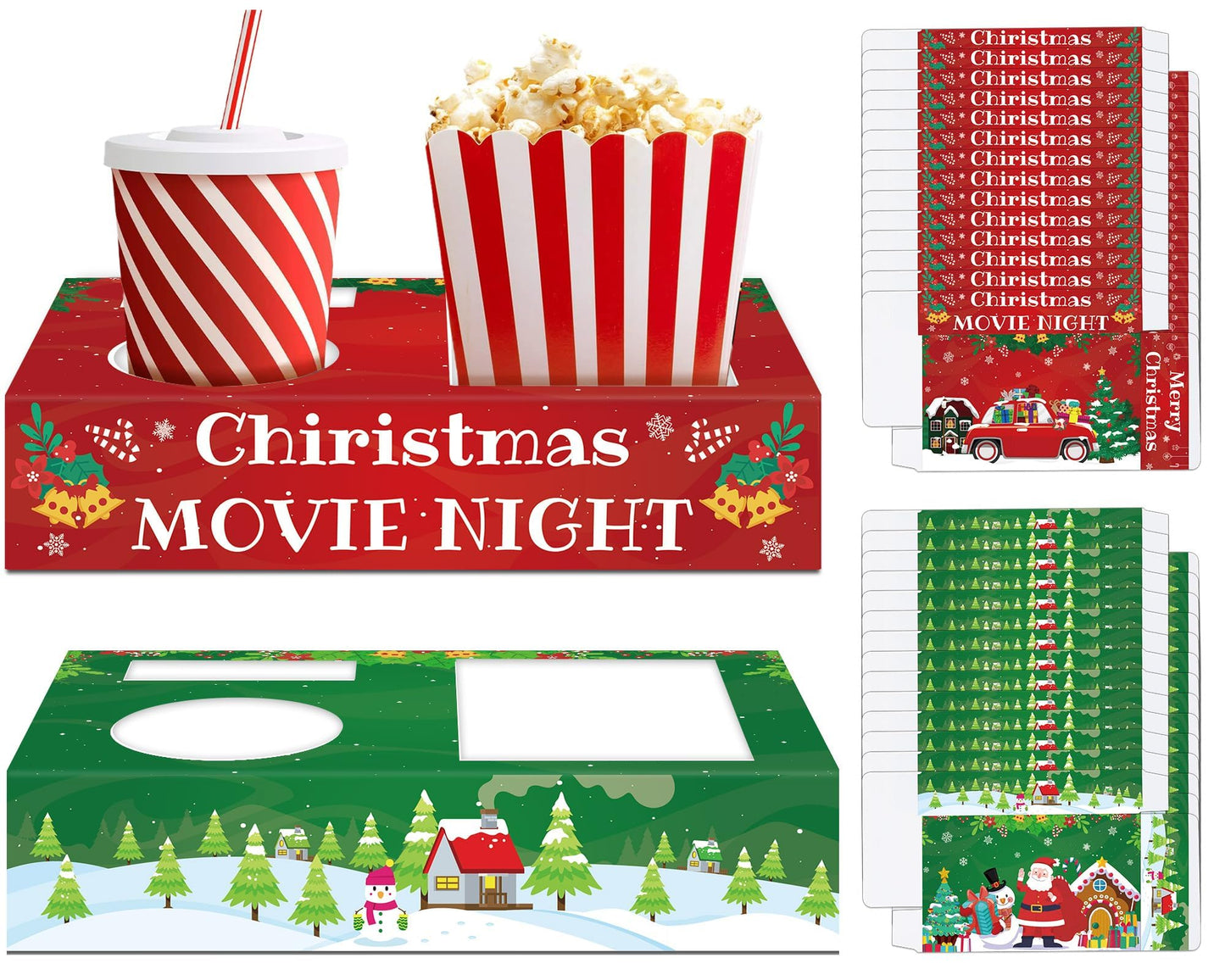 QOUBAI 32Pcs Christmas Party Supplies Movie Night Paper Snacks Boxes Xmas Santa Snowman Cinema Movie Theater Snack Tray Party Decorations Popcorn Drink Holder Set for Holiday Birthday Holiday