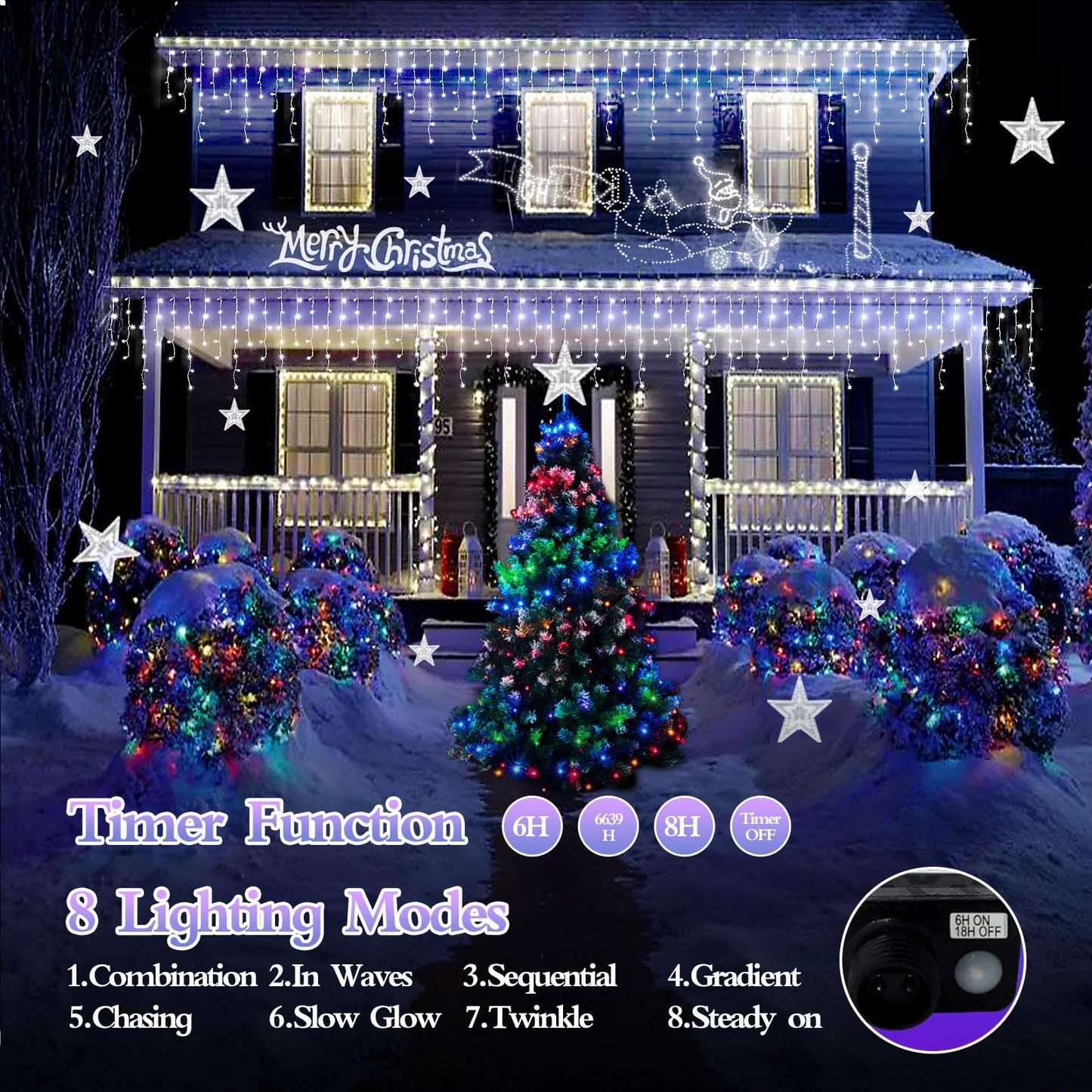 FLVOECN 480 LED 49FT Christmas Lights Plug in 8 Modes with Timer Dimmable Ice Lights Outdoor Waterproof Indoor Ice String Lights for Roof Porch Garden Holiday Wedding Xmas Decor (Cool White)