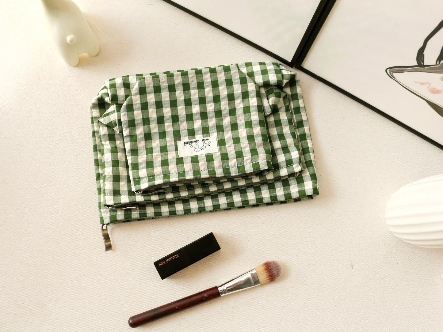 HAPPYHEIDI Nylon Checker Makeup Bag Set 3 with Compartment Cosmetic Toiletry Travel Pouch,Purse Accessory Organizer, 3-Size, Beige Green Plaid, Canvas Lined