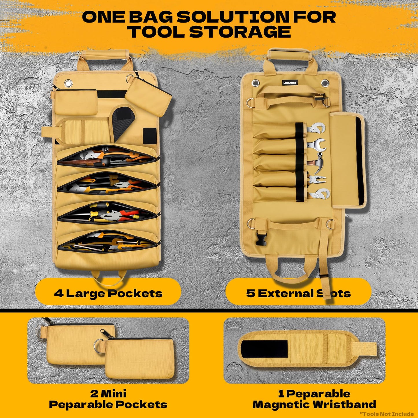 Tool Bag Roll Up Large Heavy Duty, Waterproof Oxford Fabric Tool Storage Organizer with Shoulder Strap Detachable Magnetic Wristband, Foldable Carrying Toolbag for Car Mechanic And Electrician(Khaki)
