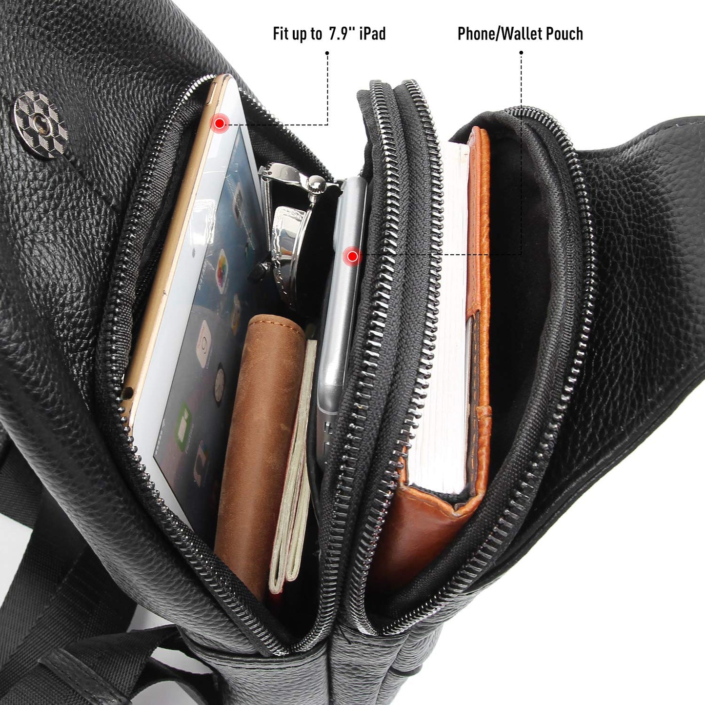 Polare Cowhide Leather Waterproof Casual Daypack Anti Theft Sling Shoulder Chest Crossbody Bag For Men (Black-Small)