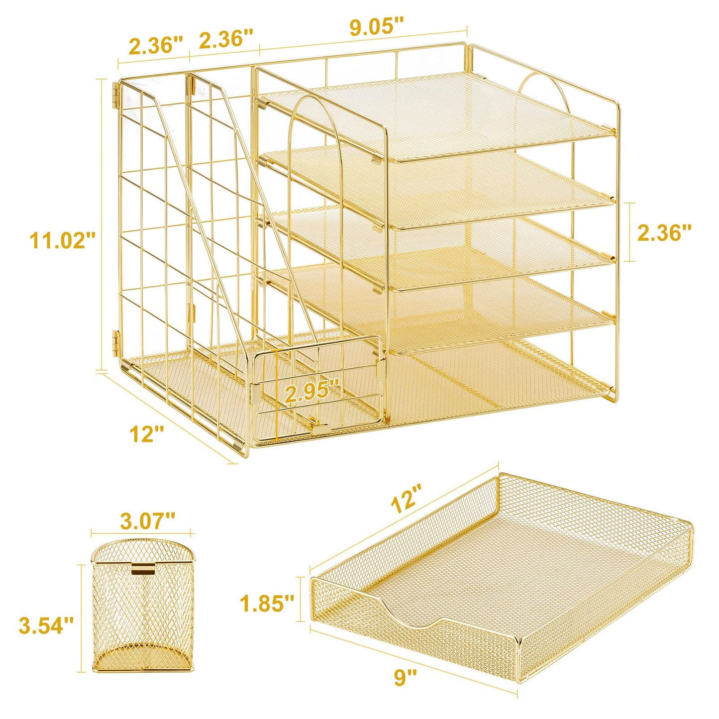 Marbrasse Rose Gold Desk Organizer with File Holder, 5-Tier Paper Letter Tray Organizer with Drawer and 2 Pen Holder, Mesh Desktop Organizer and Storage with Magazine Holder for Office Supplies