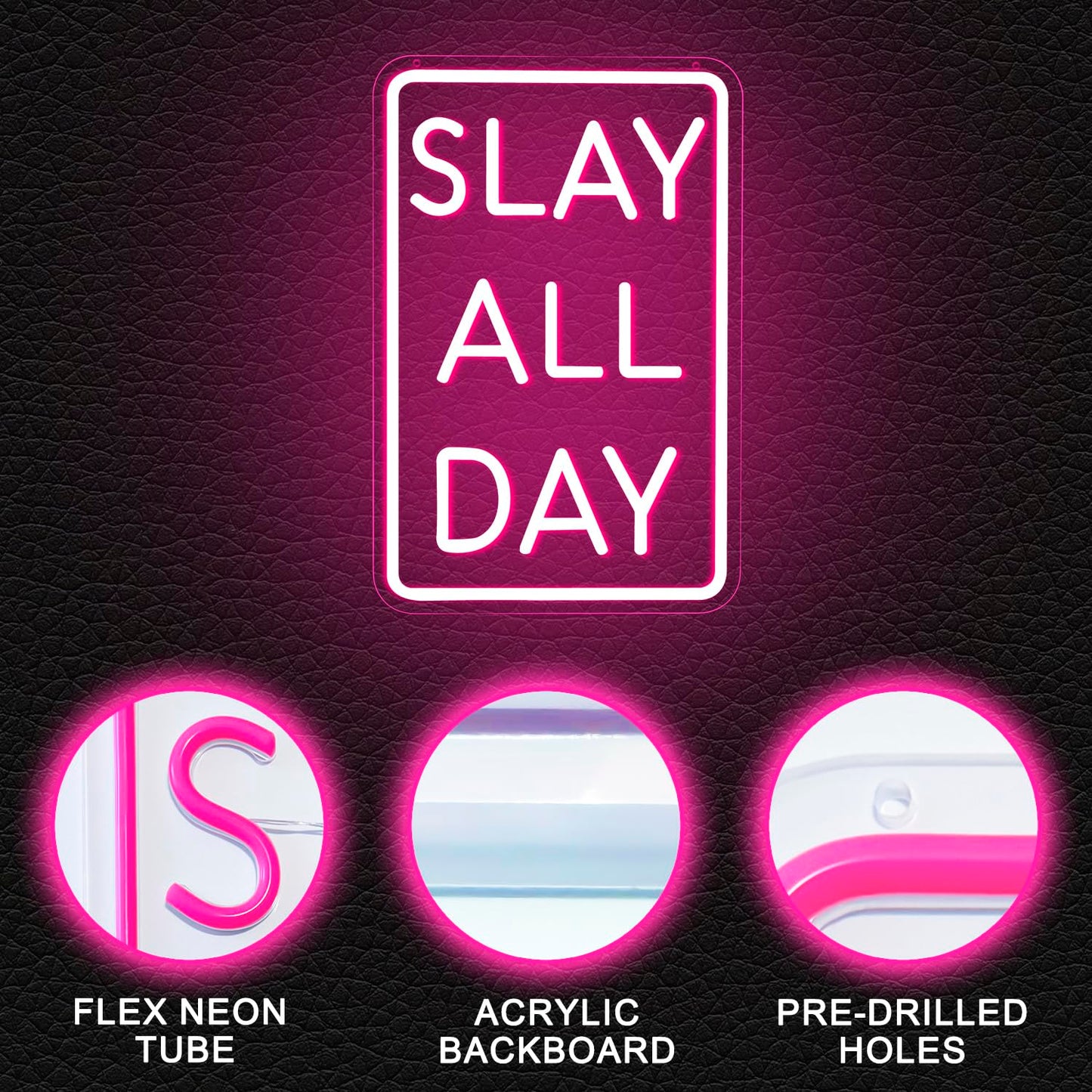 Slay All Day Neon Sign Dimmable Neon Signs for Wall Decor Pink LED Signs USB Light Up Sign Room Decor for Teen Girl Preppy Bedroom Living Room Y2K Coquette Cool Downtown Teenage Girl Room Decoration