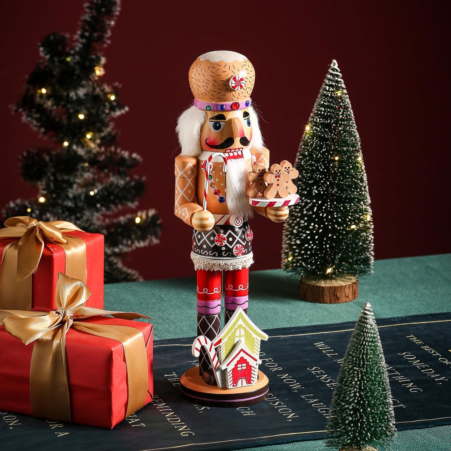 KoolShare 15-Inch Gingerbread Christmas Nutcracker, Wooden Baker Figurine with Cupcake Hat, Tray of Gingerbread Men & Candy House Base, Handcrafted Candy Land Decor for Holiday Mantel or Tabletop