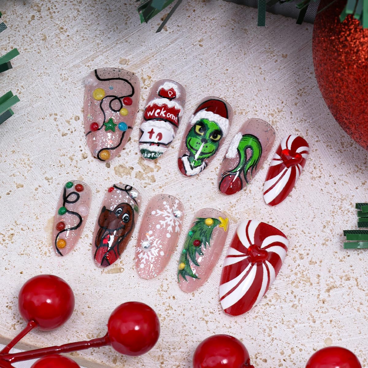 30Pcs Christmas Press on Nails Medium Almond Fake Nails 3D Rhinestones Xmas Tree Lamp Strip Design Handmade False Nails Cute Monster Acrylic Nail Snowflake Gems Glue on Nails for Women Winter Manicure