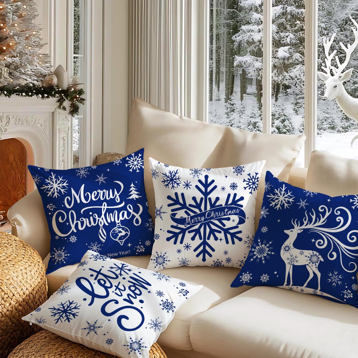Artmag Merry Christmas Throw Pillow Covers 16x16 inch Snowflakes Let it Snow Moose Winter Holiday Blue Cushion Case for Coach Sofa Decorations Set of 4