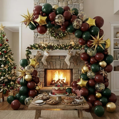 Winter Christmas Garland decorations with Maroon Hunter Green Gold confetti Balloon arch & Foil Star balloons & Artificial Snowflake Xmas Garland for wine red friendsmas new year party decorations