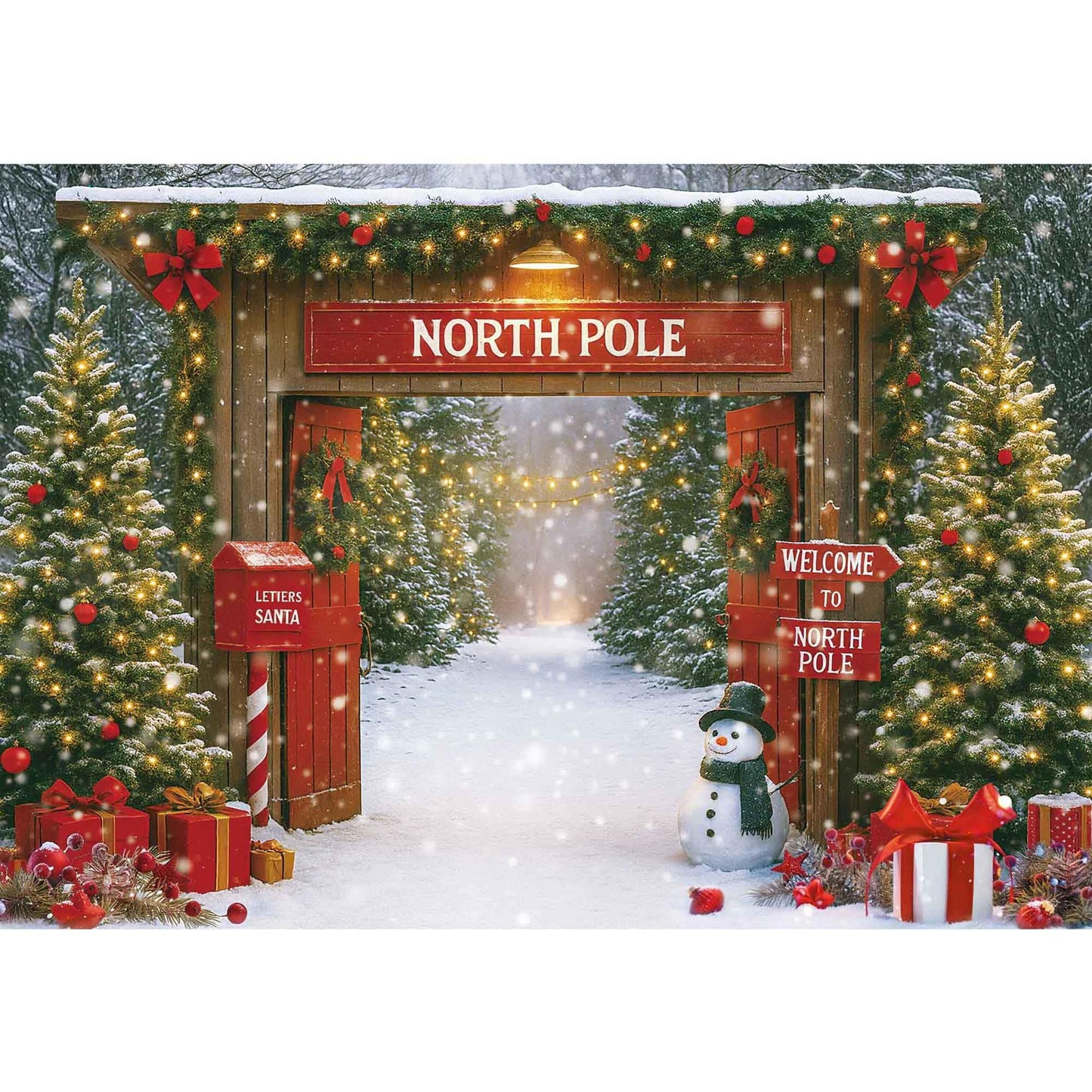 Fluzimir Christmas Photography Backdrop 7x5ft – Rustic Snowy Forest Barn Door with Xmas Tree, North Pole Winter Scene Fabric Photo Background for Family Party, Baby Holiday Photos