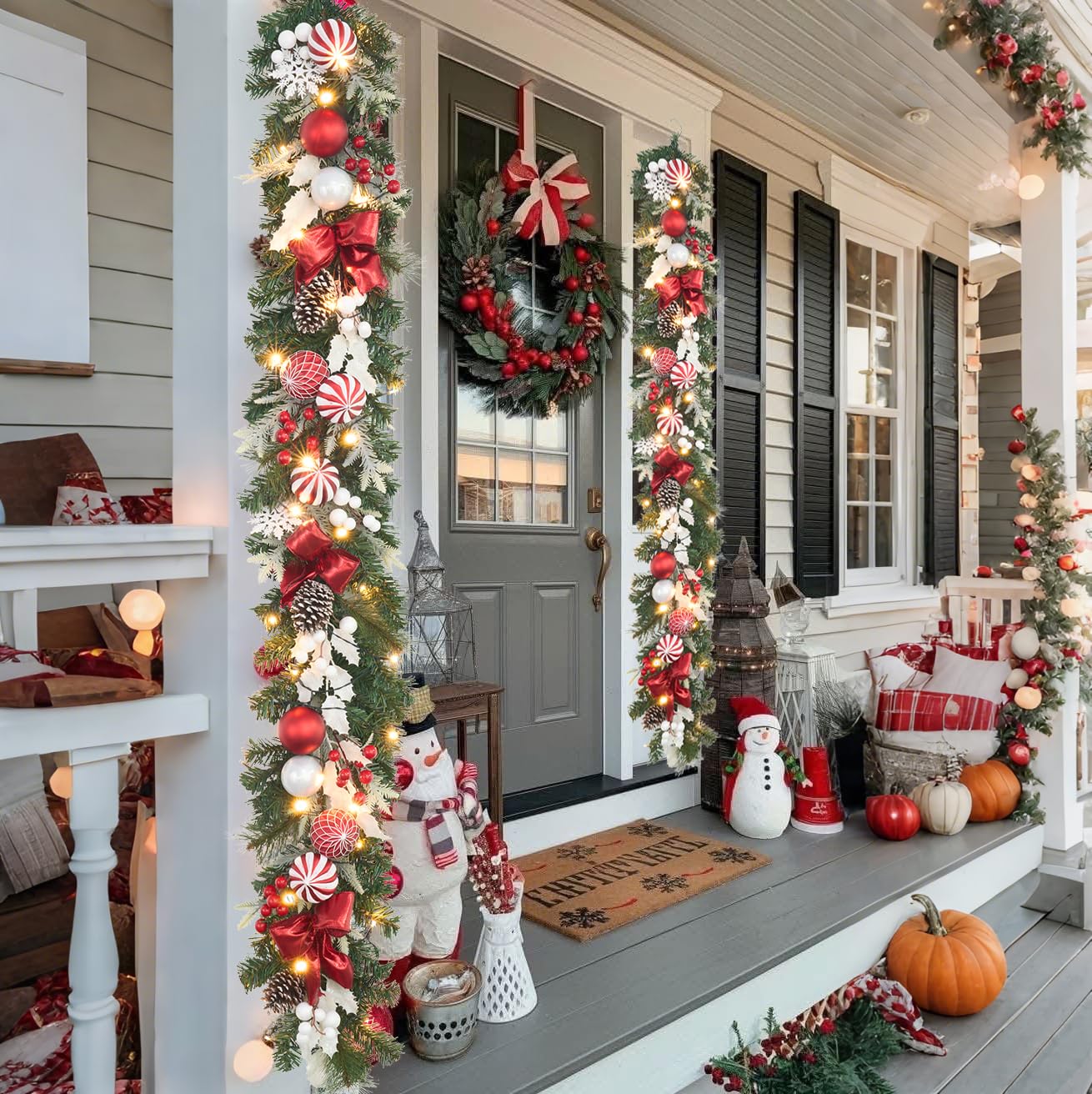 prelit 6ft Christmas Garland with 25 LED Lights with Timer, prelit red White Garland with Plenty Hand-Painted Ornaments,Festive Lighted Winter Decor for Front Door, Mantel, Stair & Fireplace
