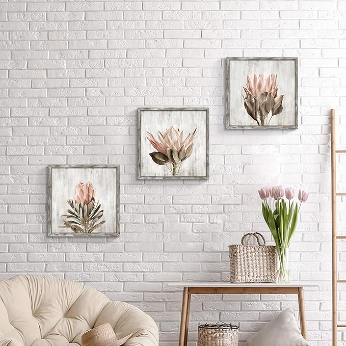 Pink Floral Wall Art Picture: Blossom Protea Flower Artwork Print on Rustic Wood Framed for Home Decor (16” x 16” x 3 Panels)